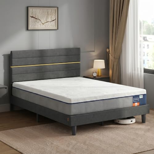 VASAGLE Matelas Simple 90 x 190 x 20 cm avec Lit Simple | Mousse à Mémoire de Forme Gel, Soutien Mi-ferme sur 7 Zones, Tête de Lit Rembourrée Ajustable, Bleu et Gris Ardoise
