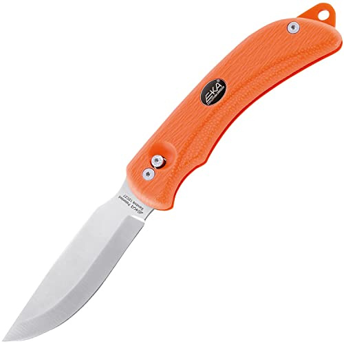 EKA Jagdmesser G3, Stahl 12C27, Swingblade, orangefarbener, Kraton-Griff, Fangriemenöse, Cordura-Scheide