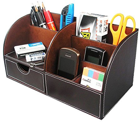 Itian 7 Vani portaoggetti Multifunzione PU Ufficio in Pelle da scrivania, Desktop Cancelleria Storage Box Collection, Penna/Matita/Cellulare Desk Forniture Organizer (Marrone)