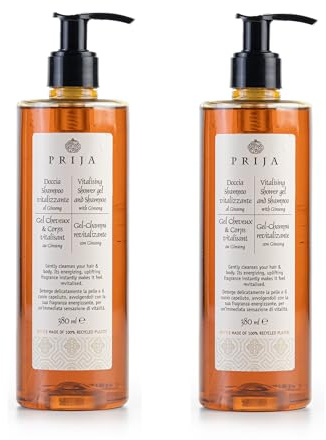 Prija Vitalisierendes 2-in-1 Duschgel und Shampoo mit Ginseng-Extrakt, feuchtigkeitsspendendes und energetisierendes Haar- und Körperwaschgel mit Pumpspender, luxuriöses Duschgel, 2 x 380 ml
