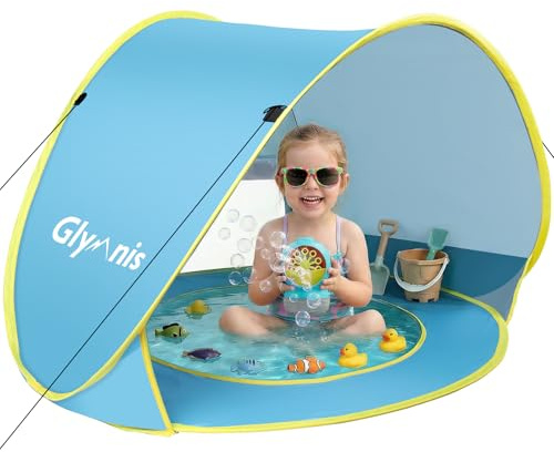 Glymnis Pop Up Baby Beach Tent with Pool, UPF 50+ UV Protection Sun Tent | Pop-up, Mini Pool, Anti UV Silver-coated, Mesh Window, Lightweight Baby Tent for Beach Garden, Portable Carry Bag, Blue