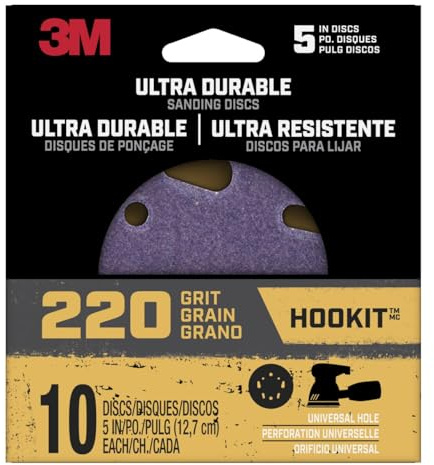 3M Ultra Durable 5 inch Power Sanding Discs, Universal Hole, 220 Grit, 10/Pack