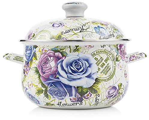 Retro Flower Enamel Stockpot with Lid,Stockpots for Cooking,Retro Classic Design(5L-Blue Rose)