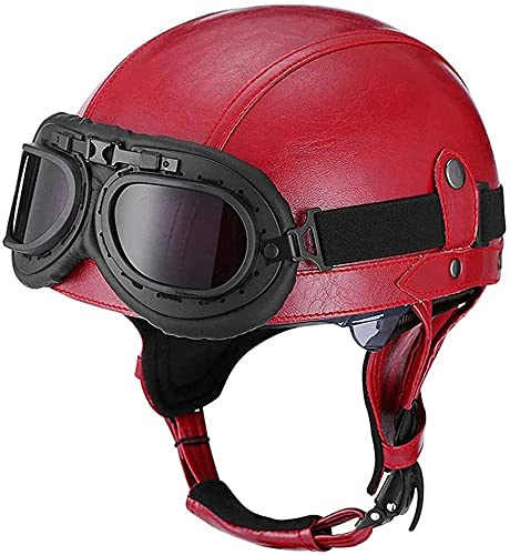CFZWJ Motorcykelhjälm i retrostil, halvhjälm, unisex, PU-läder, motorcykelhjälmar med vintage-glasögon, årstider, utomhus-åkning, skoter, moped, DOT-godkänd hjälm