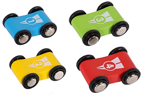 TOWO Pista per Auto in Legno -Rampa Auto Click-Clack con 4 Macchinine da Corsa in Legno per Bimbi Parcheggio sul Tetto e Piste a Zig-Zag - Giocattoli di Legno per Bambini di 1 2 3 4 Anni (automobili)