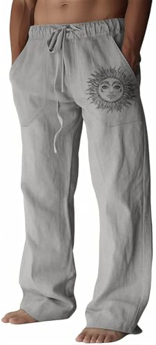 Puimentiua Pantalones Lino Hombre Verano Casual Pantalon Anchos Hombre de Lino y Algodón Transpirables Cómodos con Cordón Bolsillos Laterales Elegantes para Vacaciones Playa