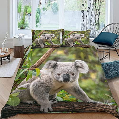 JIARAO Kinder Bettwäsche Set 135x200 3D Druck Koala Auf Eukalyptus Kinderbettwäsche Mikrofaser Weiche mit Reißverschluss Landtiere Sommer Bettbezüge und 2 Kissenbezug 80x80 cm