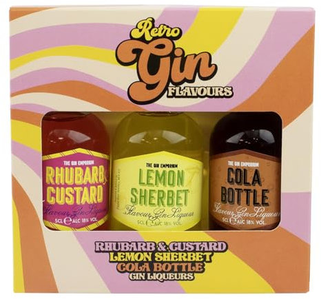 Gin Gift Set Retro Flavoured Collection by R3 - Rhubarb & Custard, Lemon Sherbet, Cola Bottle Gin Liqueurs - 3x 5 cl Alcohol Miniatures - Birthday, Fathers Day, Gin Gifts for Women and Men