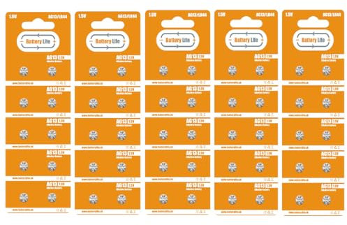 Battery Life LR44 Batteries (50 pack) AG13 Button Coin Cell Alkaline 1.5v Long Life UK Brand