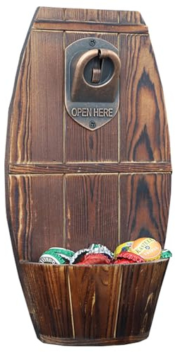 Beer Gifts for Men Dad - Beer Barrel Keg Wooden Wall Mounted Large Bottle Opener with Cap Catcher, Novelty Gifts for Men Dad Husband Him for Home Bar Accessories, Garden, Man Cave