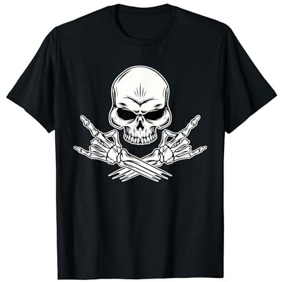 Skelett macht Pommesgabel Hand Zeichen für Heavy Metal Musik T-Shirt