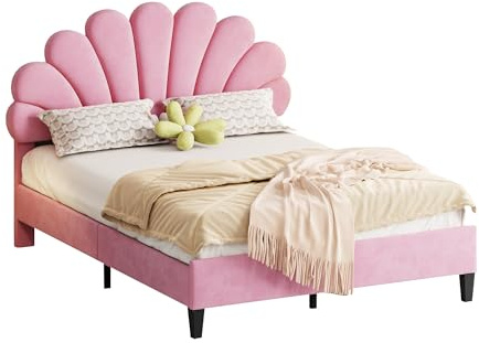 Azkoeesy Gepolstertes Bett 140 x 200 cm mit Lattenrost und stabilem Metallrahmen, muschelförmigem Kopfteil, Samtbezug, Doppelbett, Jugendbett, Mädchenbett, ohne Matratze (Rosa)