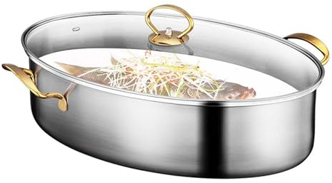 PTATT 304 Edelstahl 38 cm multifunktionaler Fischdampferplatte, gedämpfter Fischtopf Oval Stockpot Multi-Gebrauch Kochkochgeschirr mit Rack, Keramikpfanne, Chick für koche Silver