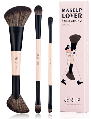 Jessup Travel Makeup Brushes Set 3pcs Double Sided Contour Brush Dual Ended Eyeshadow Brush Shader Eyeliner Brush, Multi-functional Brush Set Make up Peach Dust T507