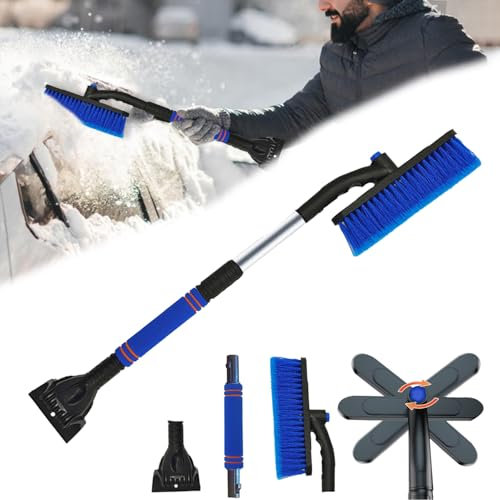 YongSral 3-in-1 Eiskratzer Auto mit Besen, 80CM Schneebesen Auto Ausziehbar, 360 ° Drehbarer Teleskop Schneebesen Auto, Scheibenkratzer Auto, Geeignet Auto, SUV, LKW Windschutzscheibe (Blau)