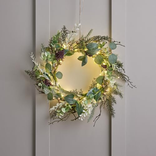 Lights4fun 40cm LED Weihnachtskranz beleuchtet mit goldenen Beeren künstlich Kranz Innen Deko Weihnachten Türkranz Beleuchtet Weihnachtsdeko Tanne