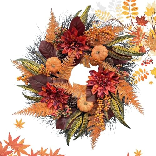 Corona De Otoño para Puerta De Entrada,Corona De Calabaza De Granja,Guirnalda de otoño con decoración de Cono de Pino - Coronas de otoño para Puerta Delantera con Calabaza, dalias, Hojas de Magnolia,