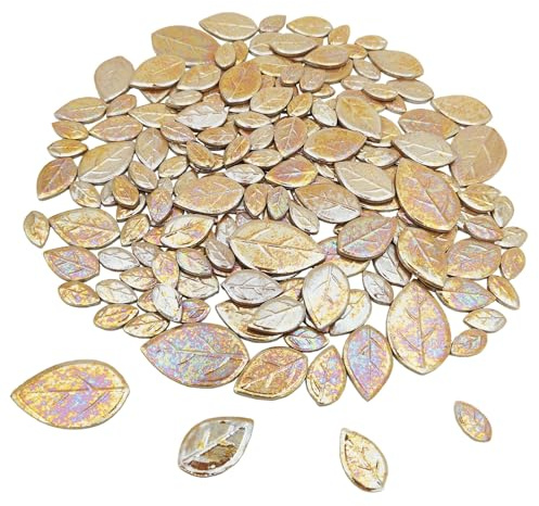 500 g schillernde Blätter Keramik Mosaikfliesen zum Basteln, gemischte Größen, gebeizte Blätter-Porzellan-Mosaikstücke für DIY-Mosaikprojekte, Heim- und Außendekoration (Champagner)