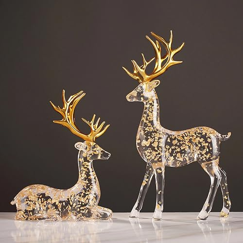 NNYCC 2pcs Reindeer Statues Gold Decor for Home,Luxury Resin Crystal Deer Sculptures Decoration Indoor,Clear