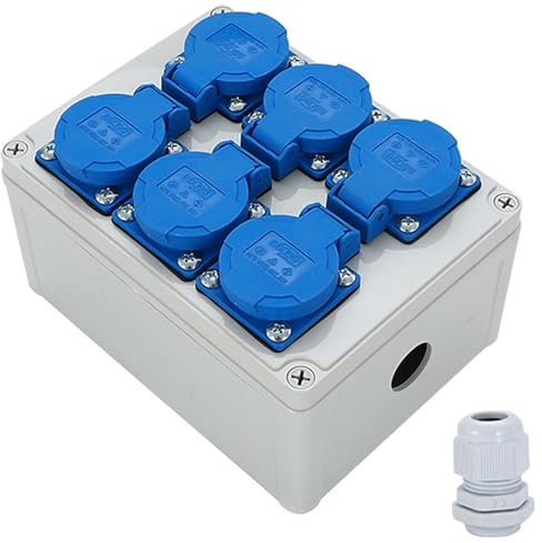 Distributore di corrente da parete, 6 x 230 V, 16 A, distributore di corrente da costruzione, per interni ed esterni, officine e fabbriche, distributori di corrente esterni, impermeabile Ip54