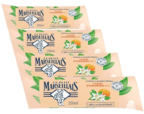 Le Petit Marseillais | Recharge Crème Lavante Mains Fleur d'Oranger Bio (berlingot de 250 ml) – Savon liquide avec 92% d'ingrédients d'origine naturelle – Emballage avec -80% de plastique* (Lot de 4)