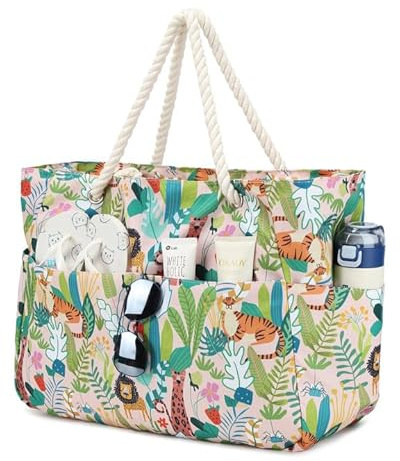 Suweir Strandtasche Groß Badetasche xxl Familie mit Reißverschluss und Nasstasche Damen Beach Bag Wasserdicht Shopper Tote Bag Weekender Saunatasche für Strand Pool Fitness Urlaub Wandern (Zoo)