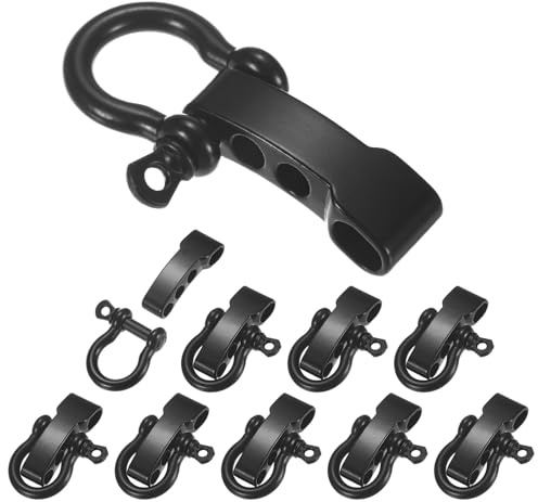 TIXIPEM Lot de 10 boucles de manille en paracorde - Réglable en métal - Pour bracelets de survie, ceinture et corde d'extérieur - Tête plate noire - Boucles d'ancrage à vis, Noir , 52 x 26 mm