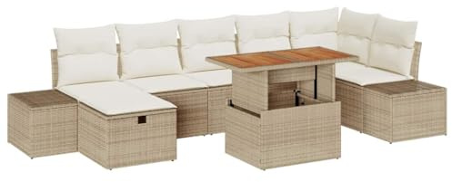 vidaXL 8-teiliges Garten-ESS-Set mit Kissen in Beige, aus Poly Rattan und Akazie. Modulare Sitzmöbel für entspannte Treffen auf Balkonen und Terrassen. Modernes Loungesofa für den Garten.