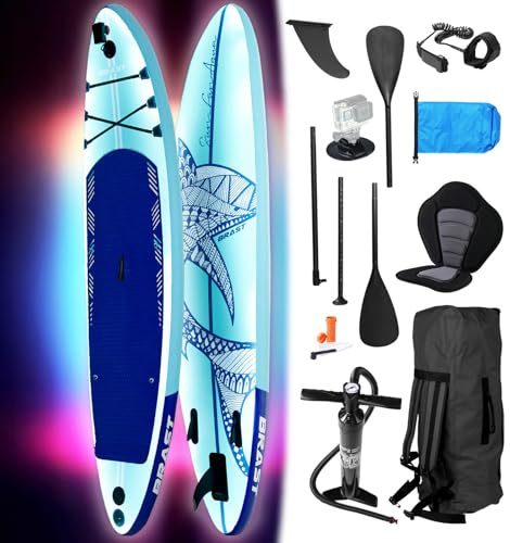 BRAST SUP Board mit LEDs | Aufblasbares Stand up Paddling Set | 320x81x15cm | 4 Designs | LED-Beleuchtung | 200kg Tragkraft | 5 Jahre Garantie | 2in1 Paddel Kajak-Sitz Action-Cam-Halterung Fußschlaufe