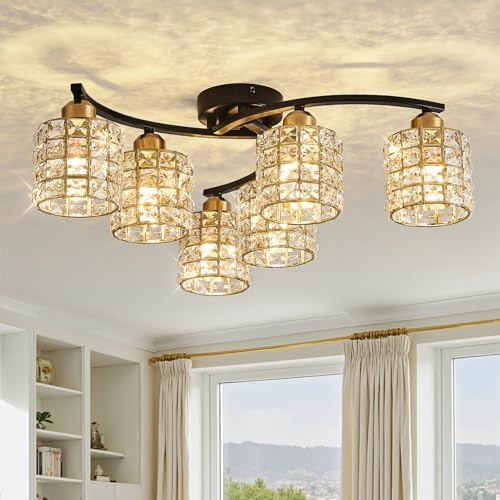 Moderne Kristall Deckenleuchte Schwarze und Gold Vintage Deckenlampe 6-Lichter Design Luxus K9 Kristall Kronleuchter für Schlafzimmer Wohnzimmer Esszimme