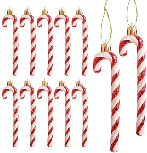 DAHI 12 Pezzi Decorazioni per Albero di Natale, Bastoncini di Zucchero Natalizi, da Appendere, Palline di Natale (Rosso-bianco)