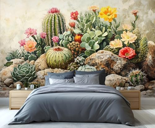YXQAIED Cactus Wallpaper, Plant Flower Wallpaper for Living Room Deserts Bedroom Wall Paper, Retro Plants and Succulents 3D Photo Murals for Kitchen Apartment Decor, 350x256cm (Not Peel and Stick)