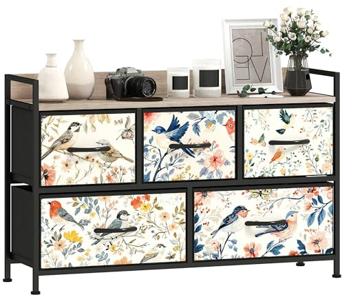 HOMCOM Bedroom Chest of Drawers, Fabric Dresser with 5 Drawers, White