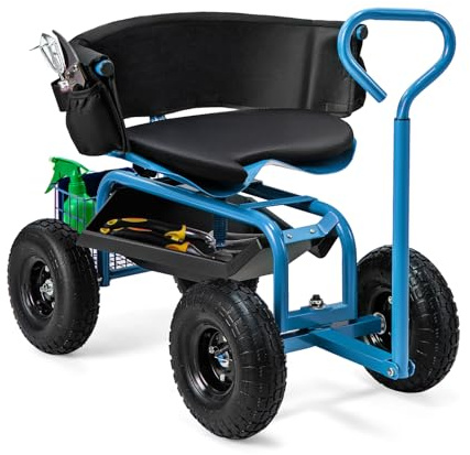 TANGZON Steerable Garden Cart Scooter, 360° Swivel & Height Adjustable Gardener Work Seat with Tool Tray& Basket, Rolling Wagon Scooter (Blue+Black, 90x61x60-70cm, with Extendable Handle & Cushion)