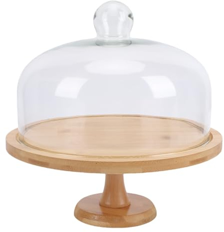 Asixxsix Alzata per dolci in legno con coperchio, piatto da portata rotondo da 30 cm con campana in vetro, set multifunzionale 2 in 1 per esposizione di dolci e tagliere per salumi