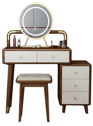 Table de coiffeuse avec miroir en bois d'hévéa - Double tiroir de rangement mobile - Avec chaise - Finition noyer - Commode moderne - 80 cm