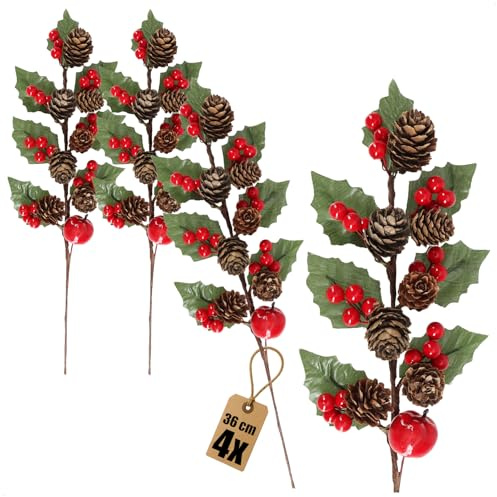 com-four® 4x mistletoe with apple - Christmas arrangement for decorating the table, Advent wreaths - decoration for Advent arrangement 36 x 13 x 8 cm (04 pieces - red + brown + green)