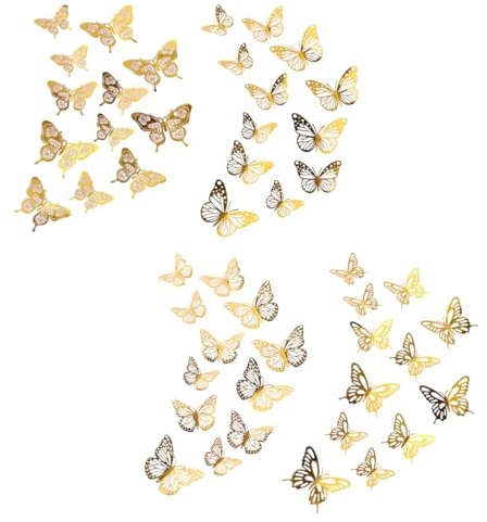 DORKIN Decorazioni per matrimoni, set di 48 decorazioni murali a forma di farfalla 3D, oro, 4 design, 3 dimensioni, per casa, camera da letto e feste