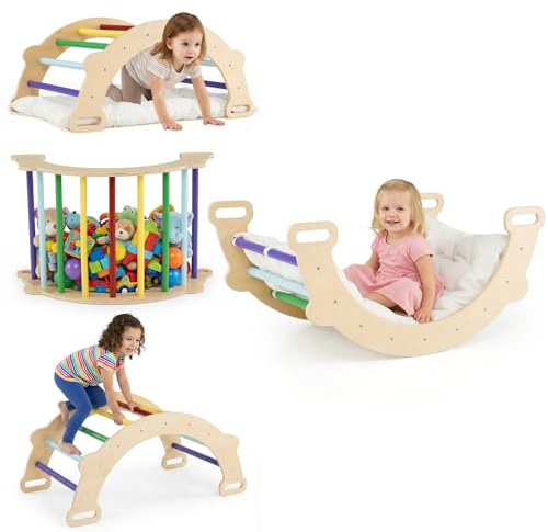 HOMASIS 2 en 1 Escalada Infantil de Madera Montessori, Triángulo de Escalada con Cojín, Recorrido de Motricidad para Bebés, Caballo Mecedora para Niños 3 Años+ (Multicolor)