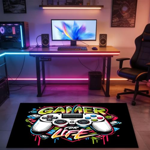 Gaming Teppich, Rutschfest Gamer Teppich mit Gamer For Life Design, Kristall-Samt Teppich für Spielzimmer und Jugendzimmer, Graffiti-Stil Gaming Zubehör Zimmer Deko, Jugendzimmer Deko Jungen, 80x120cm