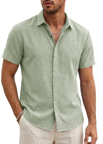 Runcati Camicia da uomo a maniche corte, leggera, estiva, da uomo, vestibilità normale, in lino, per matrimonio, business, spiaggia, per il tempo libero, casual, tinta unita, verde, XL