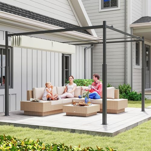HOMELEN Garten-Pergola 3x3 m mit ausziehbarem UPF30+ Dach & Magnetpad – Stabile Stahlkonstruktion (60/80 mm), inkl. 8 Pfählen & Ankern – Cremeweiß
