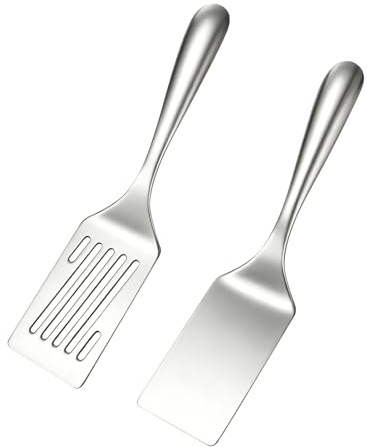 2-teiliges Edelstahl Grillwender Set, Schlitzwender und Spatel, spülmaschinengeeignet, für Plancha, Grillplatte, Bratplatte, Burger, Eier und Gemüse