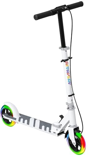 AIYAPLAY Monopattino per Bambini 3-8 Anni Pieghevole con Ruote Luminose e Altezza Regolabile, Scooter per Bambini in Metallo con Freno Posteriore e Cavalletto, Bianco