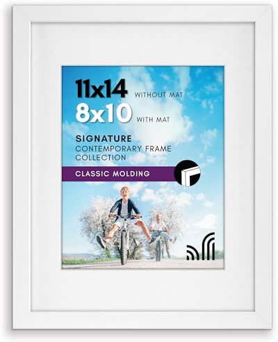 Americanflat 11x14 Picture Frame with Shatter-Resistant Glass - Use as 8x10 Frame with Mat or Display 11x14 Photo Without Mat - Signature Collection - Picture Frames for Wall Display - White