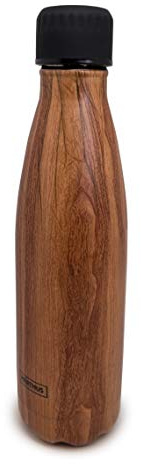NERTHUS FIH 516 Isolierte Trinkflasche Edelstahl 500 ml doppelwandig Holz Design ideal für Sport Arbeit Strand und Berge