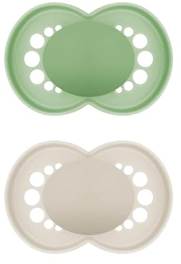 MAM Ciuccio originale in set da 2 pezzi, adatto ai denti, realizzato con materiali sostenibili e rinnovabili, tettarella in silicone MAM SkinSoft, con scatola per ciuccio, 6-16 mesi, verde/beige