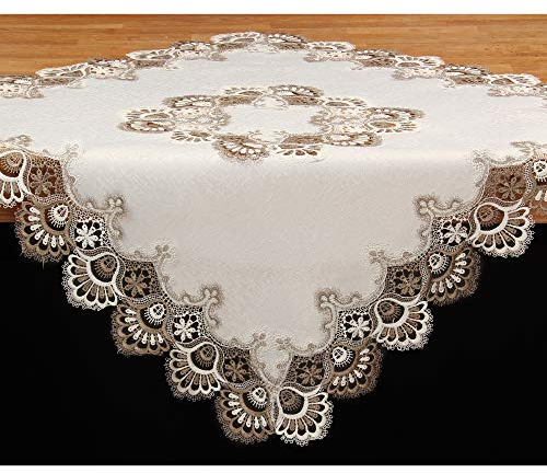 Edle Jacquard Spitzen Tischdecke Mitteldecke ca. 85x85 cm Polyester, Braun Weiß Ecru