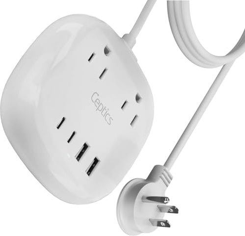 Ceptics Compact Travel-Sized USB Power Strip with Surge Protection, Grounded Dual USB and USB-C Ports, 21W Total Output, and 5-Foot Cord – Ideal Charging