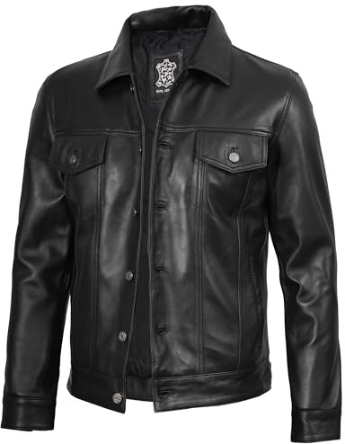Chaqueta vintage de piel de cordero de alta calidad para hombre, chaquetas con cuello de camisa para hombre, Frnando Trucker - Chaqueta de piel negra, XX-Large